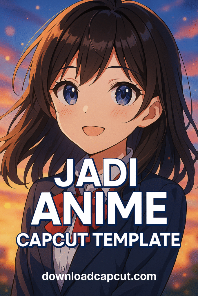 Anime-style girl with bold text "Jadi Anime CapCut Template" and downloadcapcut.com branding.