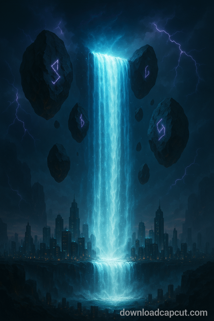 A glowing blue waterfall cascades from the sky into a futuristic city, surrounded by floating rune-carved rocks and lightning-filled skies.