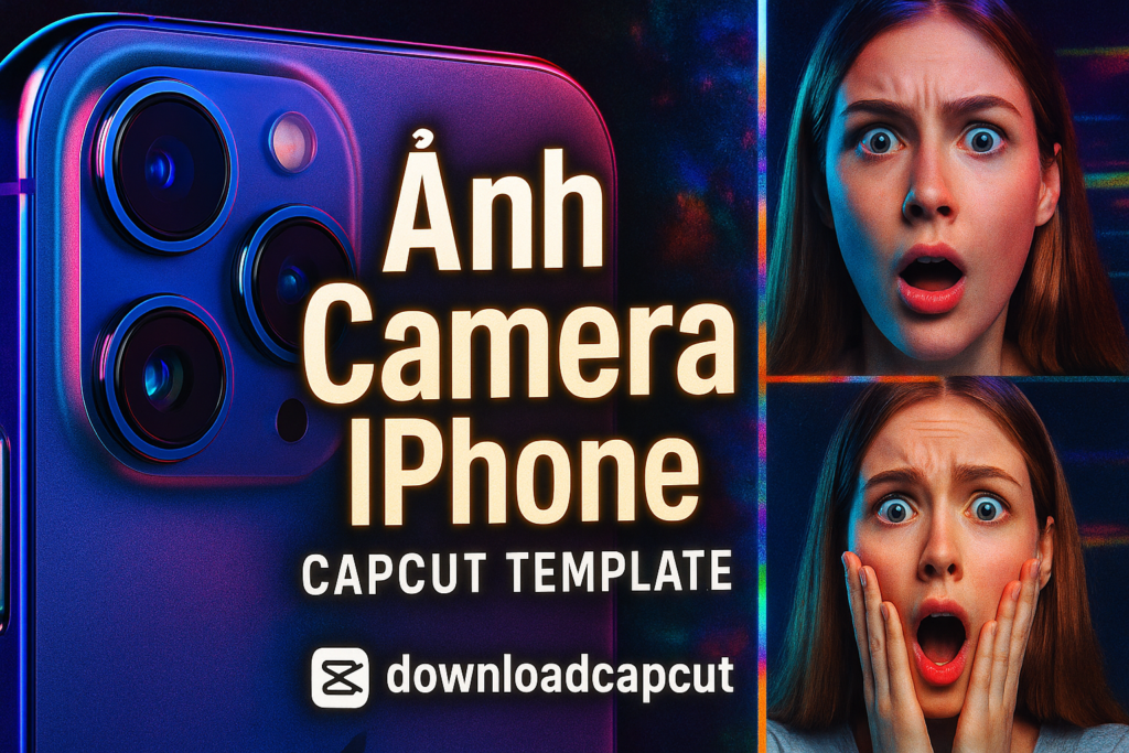 Vibrant promotional image of an iPhone camera with a shocked woman and "Anh Camera iPhone CapCut Template" text, branded with downloadcapcut.com.