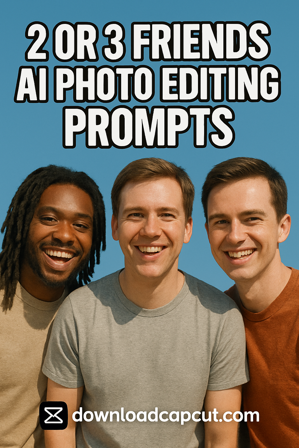 Three smiling young men pose together outdoors under a clear blue sky with bold text above them.