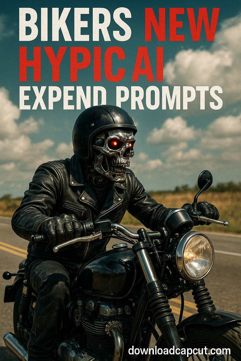 A cybernetic biker with a glowing red skull face rides a sleek black motorcycle down an open road under a dramatic sky. Bold text above reads "BIKERS NEW HYPIC AI EXPEND PROMPTS" and a watermark at the bottom says "downloadcapcut.com."
