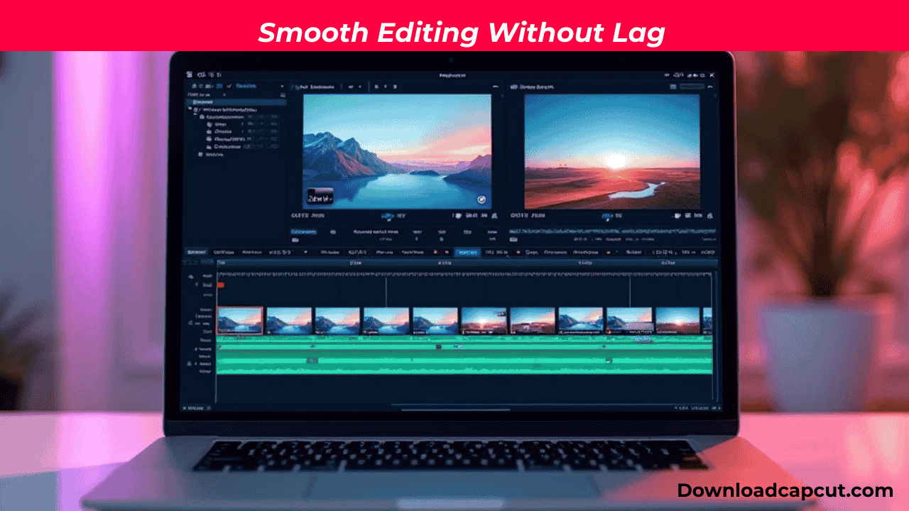 CapCut Pro for PC showing smooth video editing timeline on a laptop without lag.