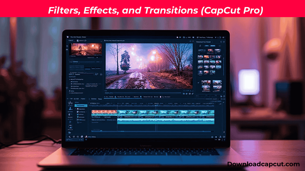 CapCut Pro for PC showcasing filters, effects, and transitions on a video editing timeline.