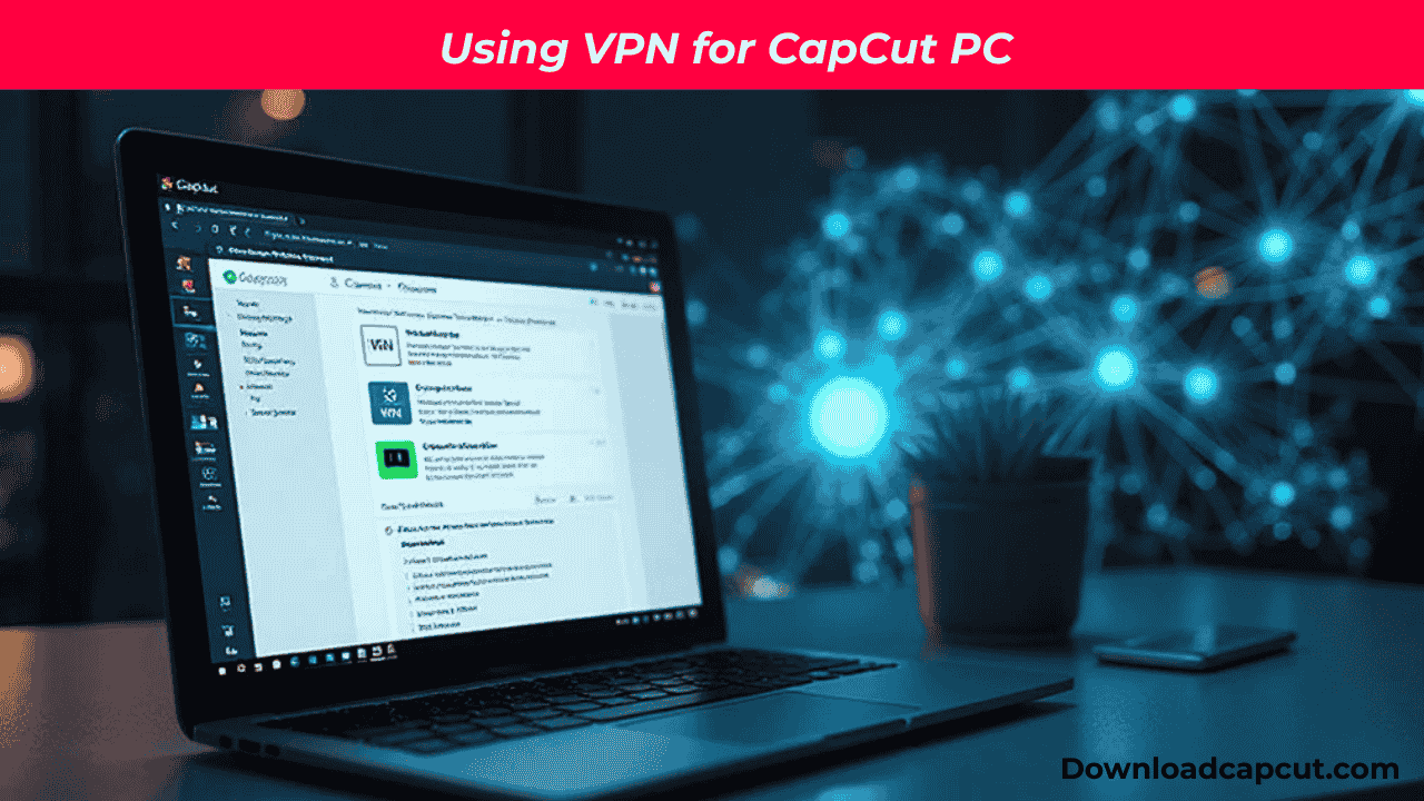 Laptop using VPN with CapCut Pro for PC to ensure secure access and editing.