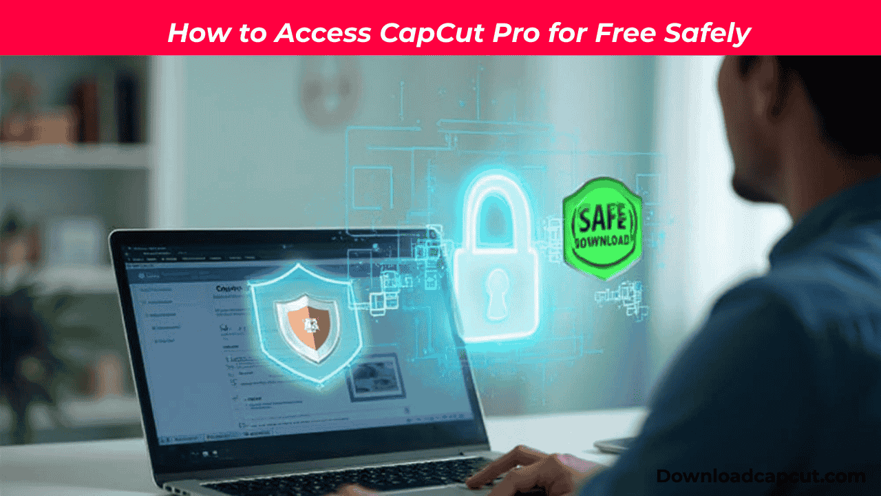 User accessing CapCut Pro for free on PC with safety shield and secure download icons.