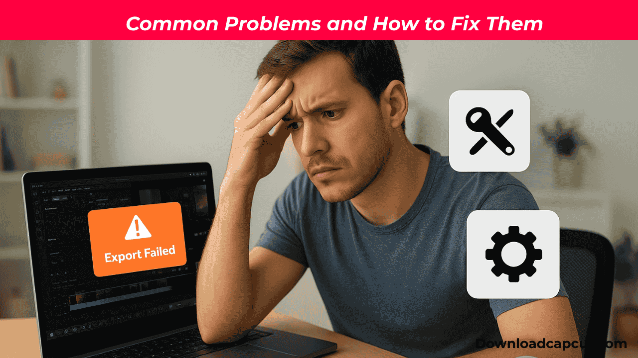 User facing CapCut Pro errors on PC with solution icons showing how to fix problems.