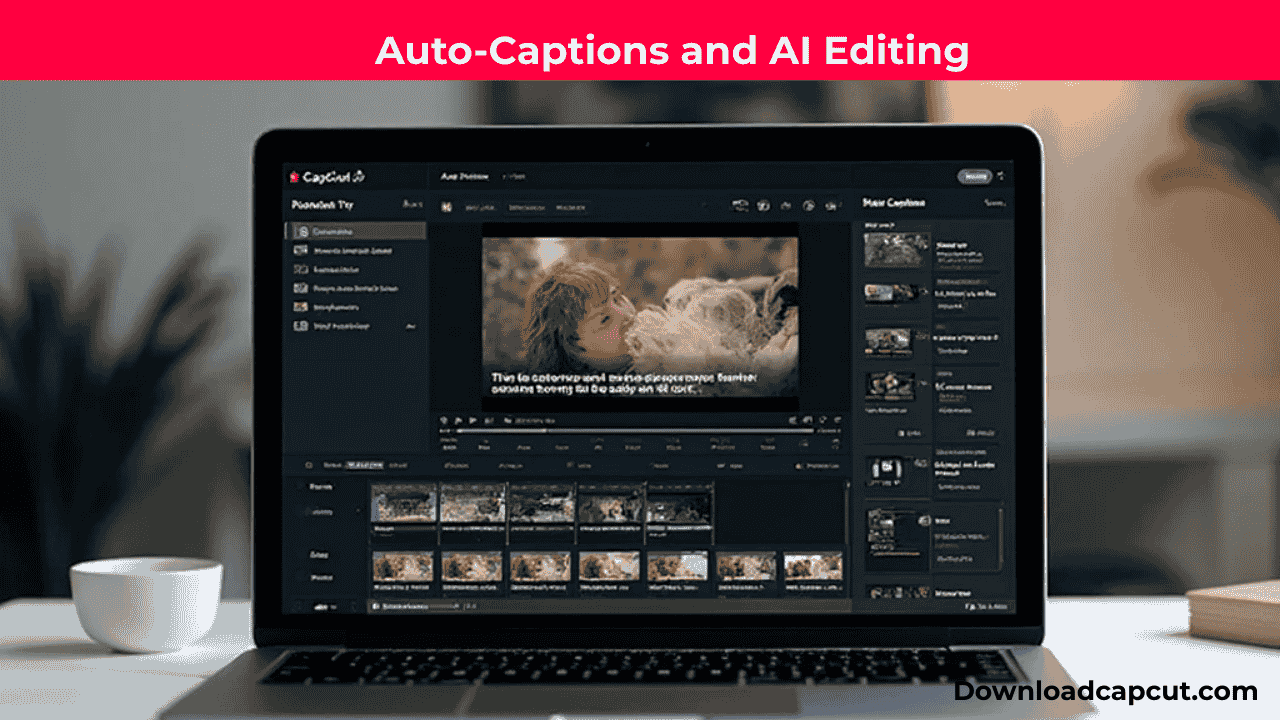 "CapCut Pro Auto-Captions and AI Editing interface on laptop with subtitles and smart editing tools"