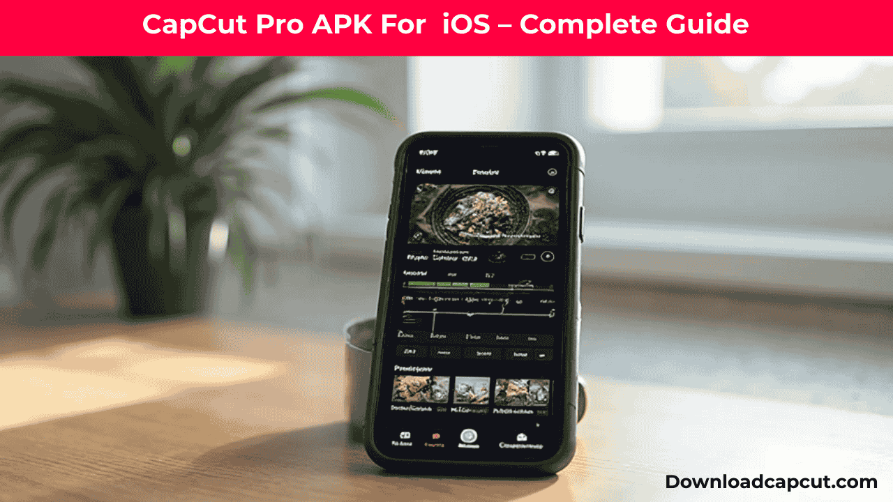 "Straight iPhone on wooden desk showing CapCut Pro APK For iOS editing screen."