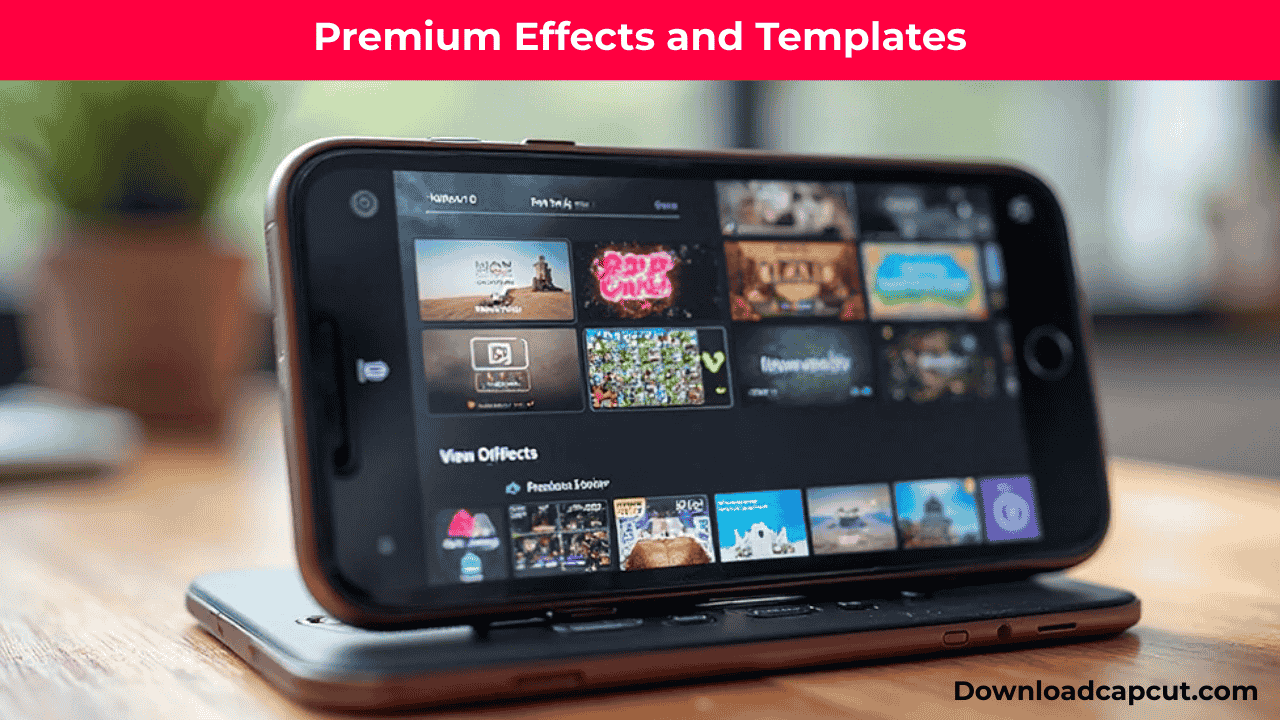 "iPhone on table showing CapCut Pro APK For iOS premium effects and templates."