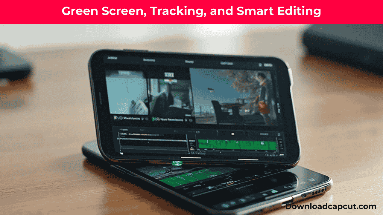 "iPhone on desk showing CapCut Pro APK For iOS with green screen, tracking, and smart editing tools."