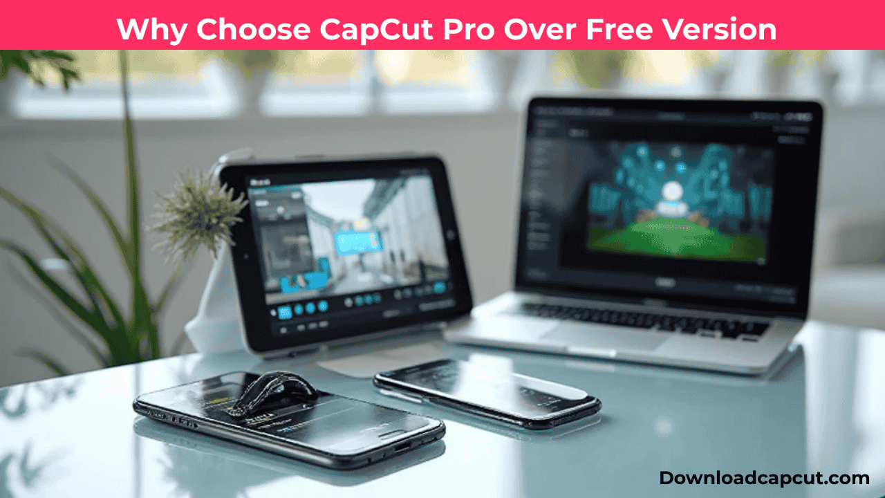 "Apple ecosystem setup with iPhone 15, iPad, and MacBook showing CapCut Pro APK For iOS premium features."
